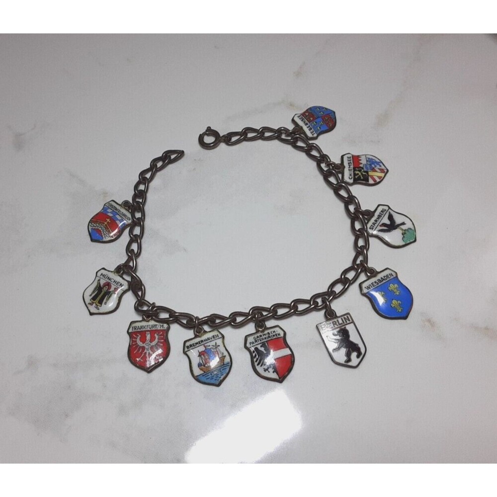 Vintage 925 800 Silver German Cities Towns Travel Shield Charm Bracelet Charms